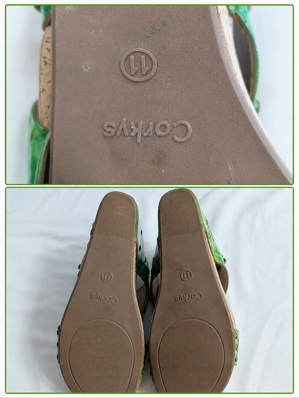 Corky's Comfort Platform Wedge Sandals Green Animal Print Boho Chic Resortwear